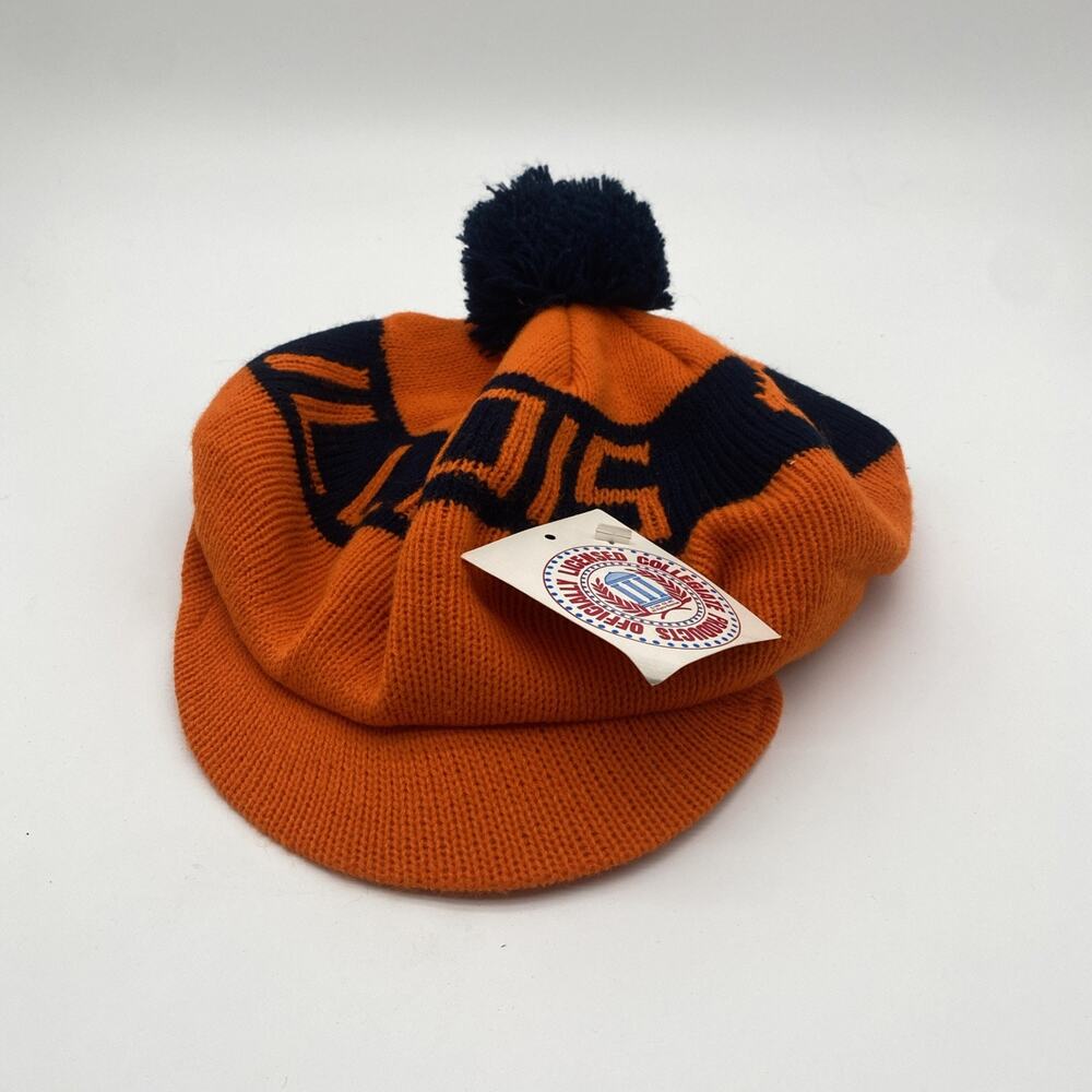 Vtg Knit Illinois Go Illini newsboy flat cap with Bill Pom Pom Beret
